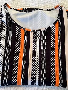 Boutique Style Tunic Top XXL Black White Orange Mixed Print Stretch Blouse